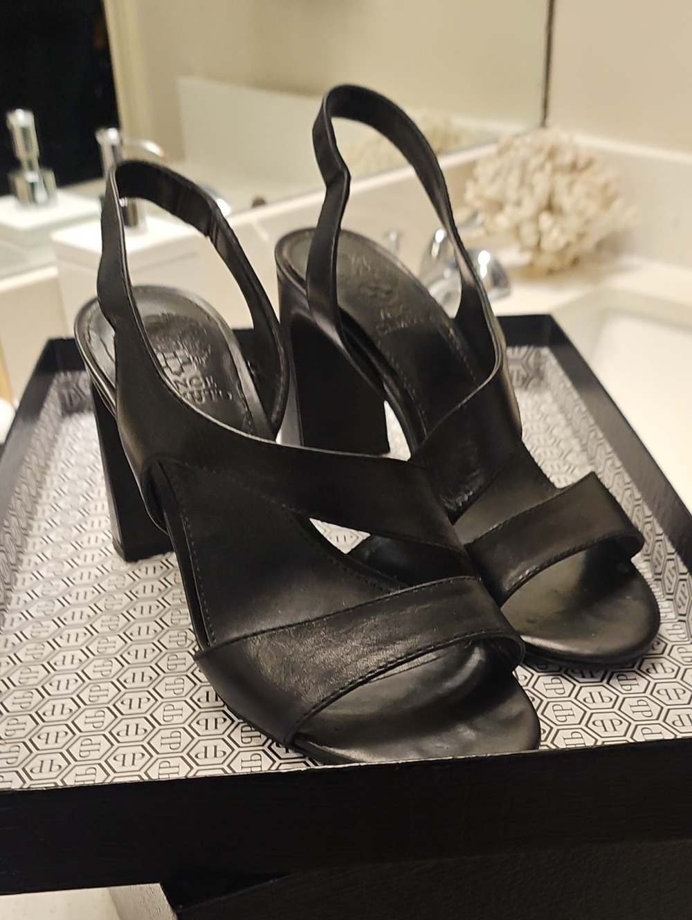 Vince Camuto Black Leather Slingback Block Heel Sandals